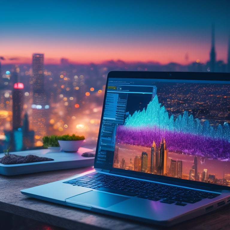 A stylized illustration of a laptop open to a dashboard with ascending graphs and a "downloads" counter rapidly increasing, surrounded by confetti and a subtle cityscape at dusk.