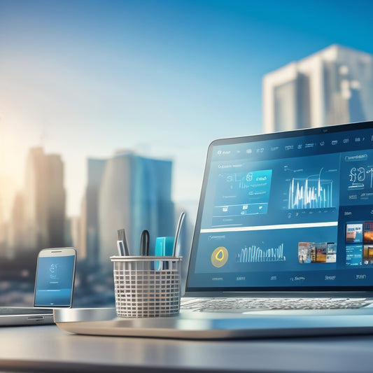 A futuristic ecommerce dashboard with a laptop, tablet, and smartphone displaying various digital metrics, surrounded by subtle shopping bag and credit card icons, on a blurred cityscape background.