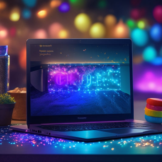 A dark background with neon lights reflecting off a laptop screen displaying a digital storefront, surrounded by confetti, balloons, and a "sold out" stamp overlaid on popular digital products.