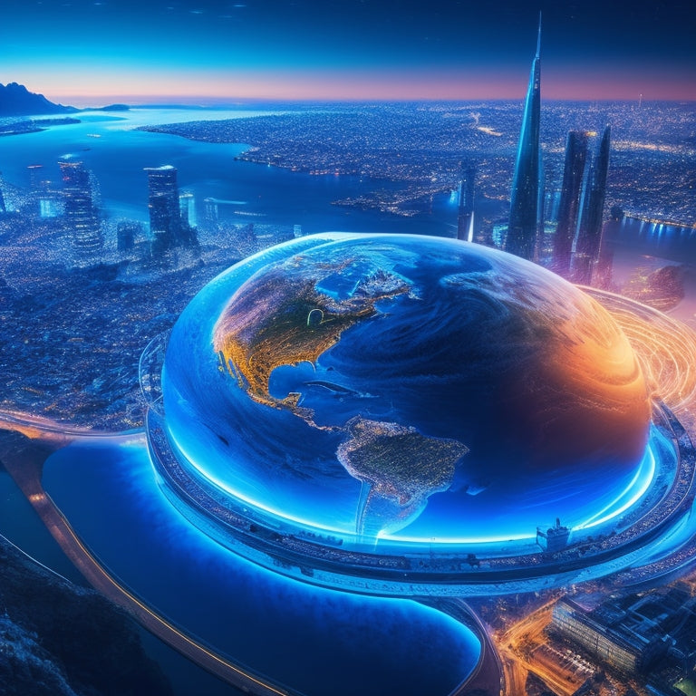 A stylized, futuristic roadmap unfolding on a digital globe, with a merchant's ship navigating through a swirling vortex of 1s and 0s, surrounded by glowing cityscapes and neon-lit connections.