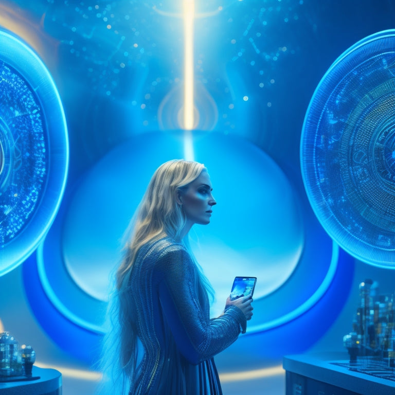 A futuristic, sleek digital landscape with glowing blue circuits, intertwined with golden locks and shimmering shields, surrounded by orbiting coins and swirling arrows, conveying security and financial freedom.
