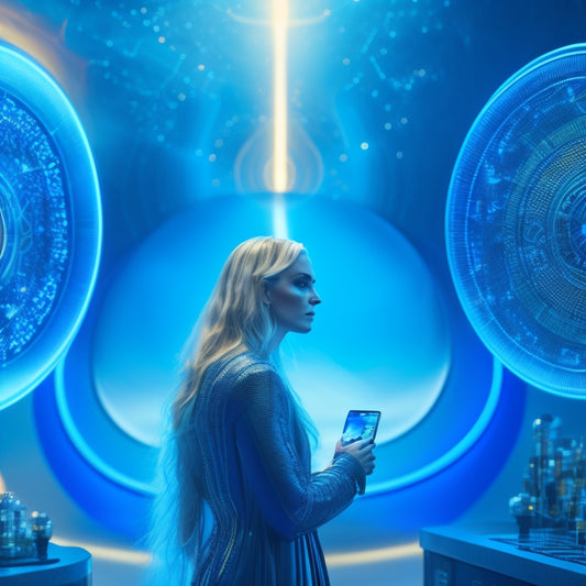A futuristic, sleek digital landscape with glowing blue circuits, intertwined with golden locks and shimmering shields, surrounded by orbiting coins and swirling arrows, conveying security and financial freedom.