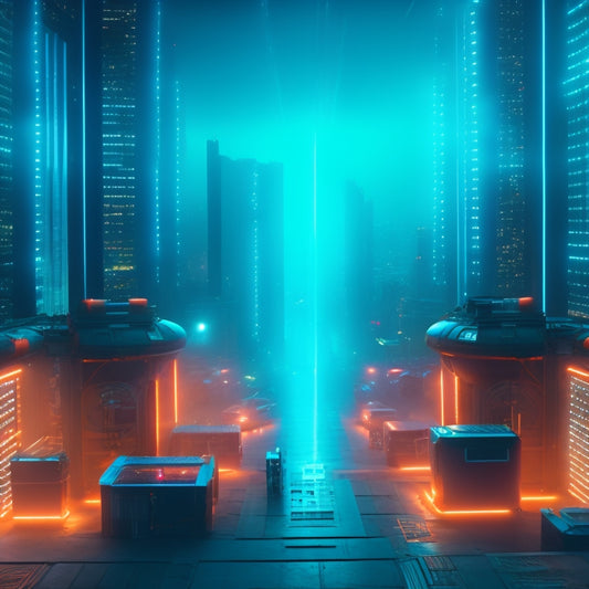 A futuristic, neon-lit cityscape with a large, glowing digital vault in the center, surrounded by a maze of firewalls, shields, and locks, with hackers and thieves lurking in the shadows.