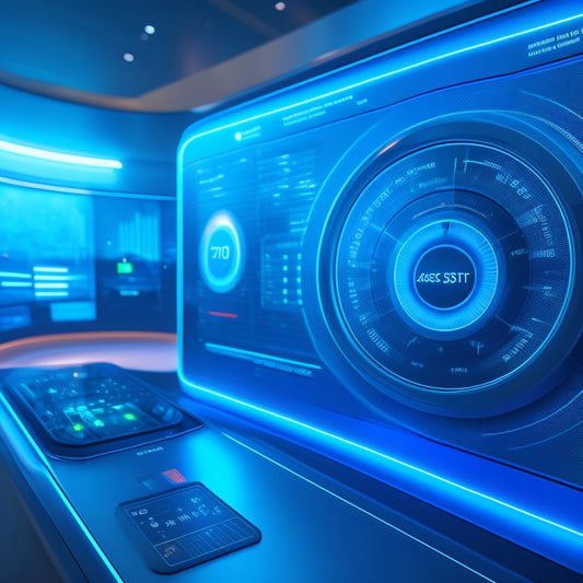 A futuristic dashboard with glowing blue lines and sleek metallic accents, featuring a large, circular graph with ascending lines and a smaller, orbiting graph with pulsing nodes.