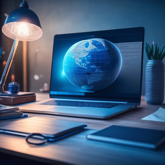 A futuristic laptop screen displaying a virtual globe with glowing blue lines and nodes, surrounded by scattered notebooks, pencils, and a miniature megaphone on a modern wooden desk.