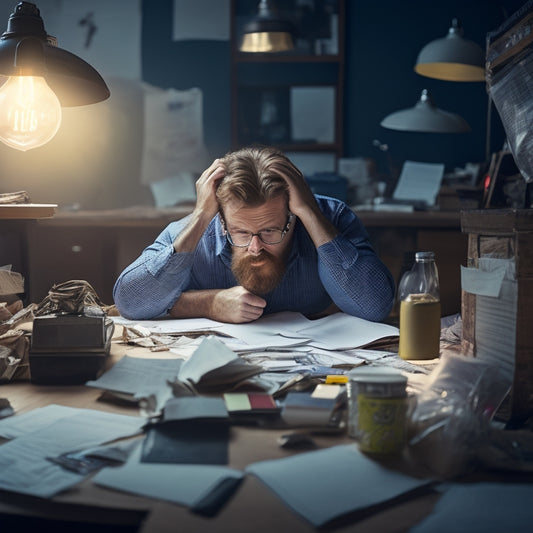 A frustrated merchant sitting at a cluttered desk surrounded by piles of papers and broken packages, with a laptop open to a course website in the background, and a lightbulb moment above their head.