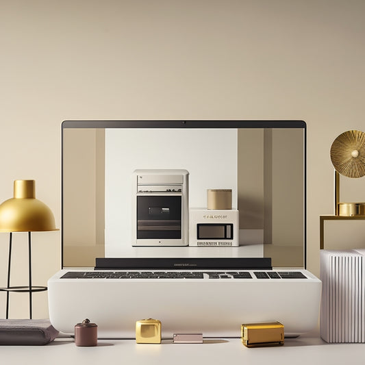 A modern, minimalist illustration of a laptop screen displaying a stylized digital storefront with various icons and shapes representing different digital products, surrounded by subtle e-commerce themed elements.