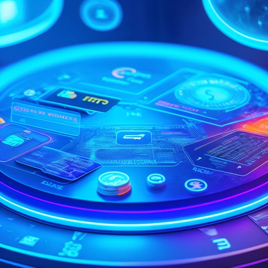 A futuristic dashboard with glowing blue lines and circles, surrounded by miniature icons of credit cards, shopping carts, and money symbols, set against a dark, gradient background.