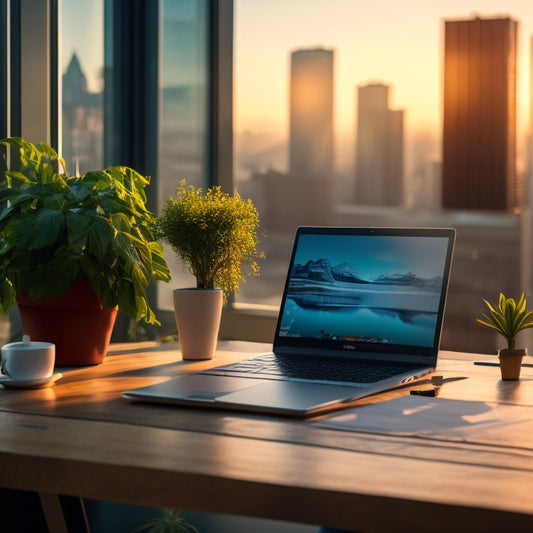 A laptop on a sleek, modern desk, surrounded by scattered business books and a small, potted plant, with a subtle cityscape background and a bright, sunny glow.