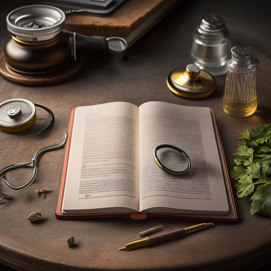 A serene background with a stethoscope, a notebook, and a pen arranged in a circular pattern, surrounded by subtle medical symbols and gentle, soothing colors.