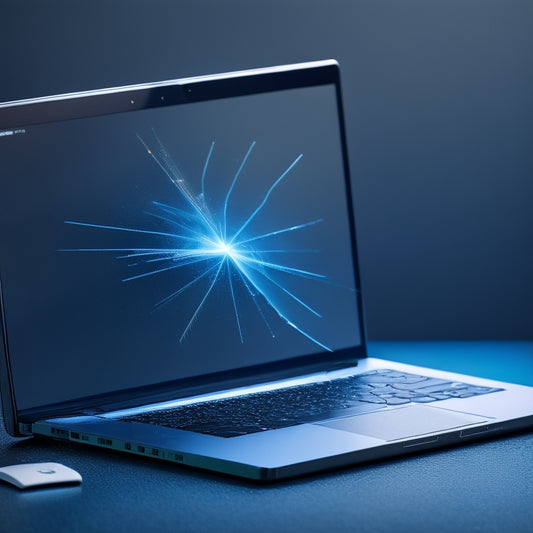 A broken laptop screen with a fragmented webpage, shards of glass, and a faint ghostly outline of a webpage where the content once was, against a dark, gradient blue background.