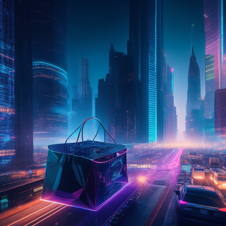 A futuristic, neon-lit cityscape with sleek, modern skyscrapers and a giant, glowing shopping bag hovering above, surrounded by swirling digital code and circuit board patterns.