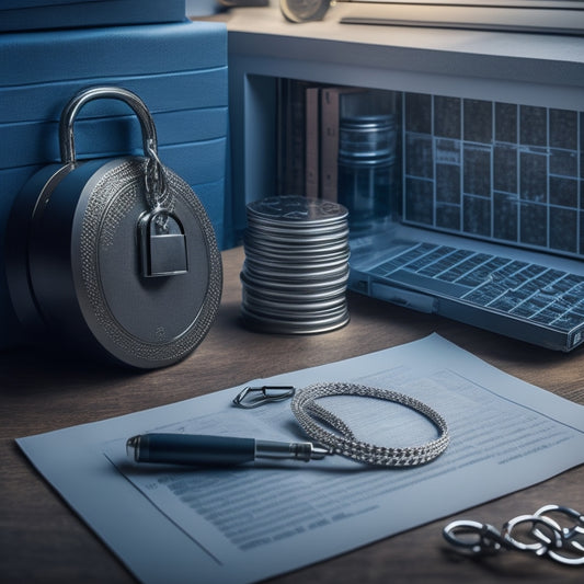 A padlock encircling a downward arrow, surrounded by scattered files and folders, with a subtle grid of 1s and 0s in the background, conveying digital security and control.