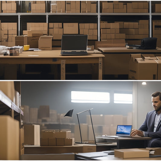 A split-screen image featuring a business owner sitting at a desk with a laptop, surrounded by boxes and shipping materials, contrasted with a serene, organized warehouse with shelves stocked with products.