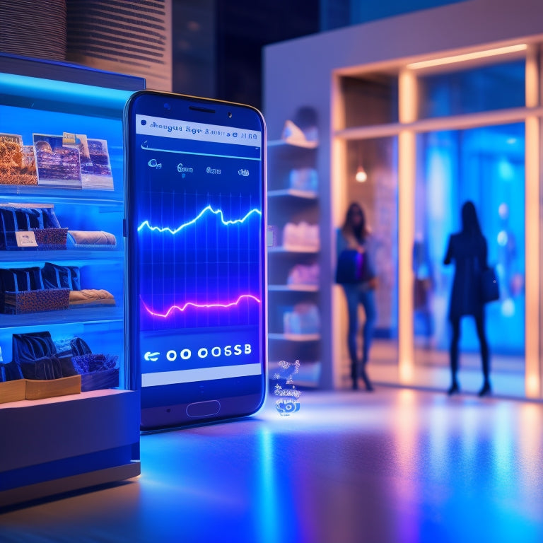 An illustration of a WooCommerce storefront with a smartphone displaying Facebook Ads Manager in the foreground, connected by a glowing blue pixel trail, surrounded by rising sales graphs and shopping bags.