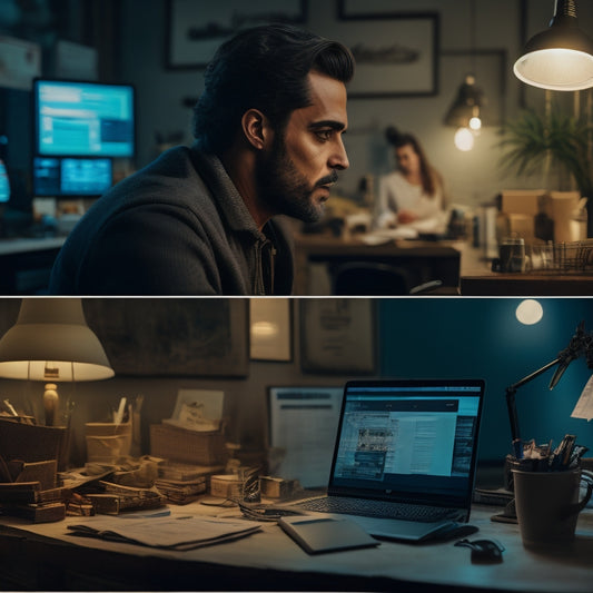 A split-screen image featuring a cluttered, dimly lit desk with scattered papers and a frustrated merchant in the background, contrasted with a bright, organized workspace with a laptop and a smiling merchant analyzing data on a clean dashboard.