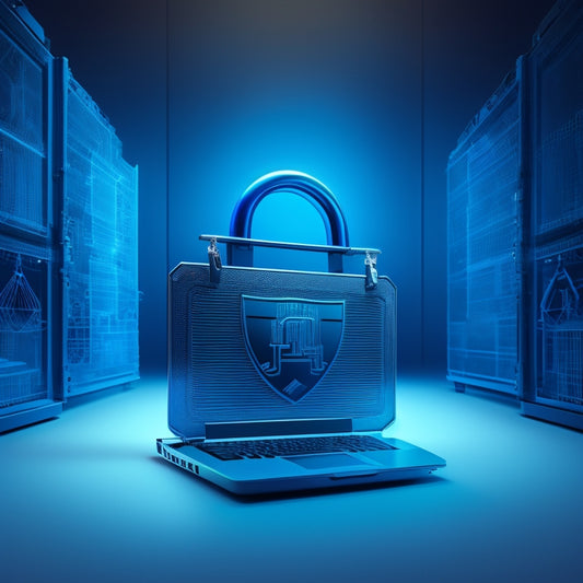 An image depicting a shield protecting a laptop with a shopping cart icon on the screen, surrounded by locks, circuits, and gears, set against a dark, gradient blue background.