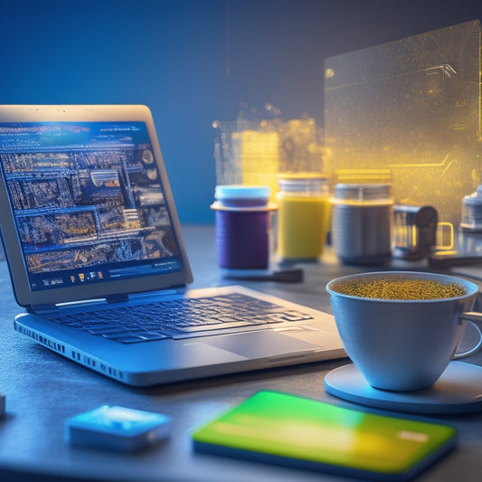 A stylized illustration featuring a laptop with a shopping cart icon on the screen, surrounded by various payment method icons (credit cards, PayPal, etc.) and a subtle background of circuit boards and wires.