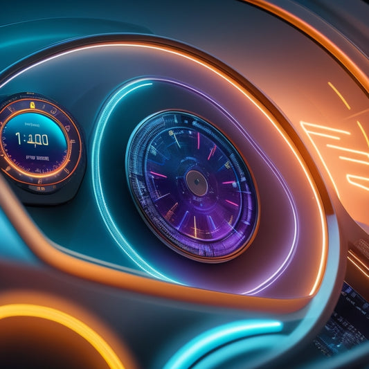 A futuristic, minimalist dashboard with sleek, curved lines, featuring a large, circular progress wheel in the center, surrounded by floating, glowing puzzle pieces and subtle, shimmering starbursts.
