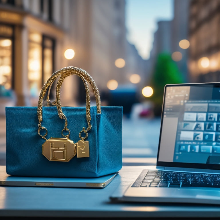 A golden key unlocking a virtual padlock on a laptop screen, surrounded by shopping bags, credit cards, and a miniature cityscape in the background, with a subtle gradient of blue to green hues.
