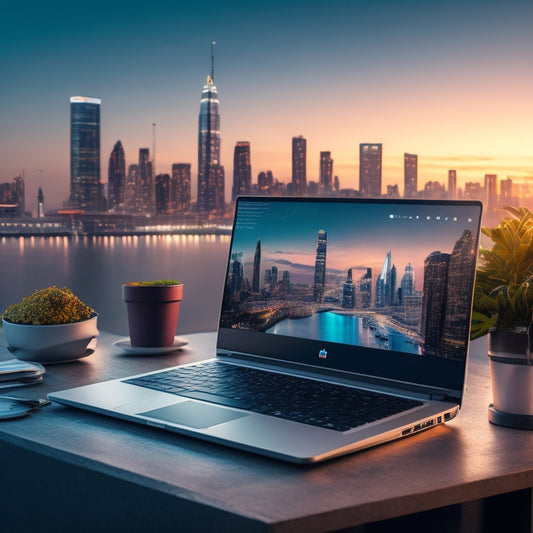 A futuristic ecommerce website on a sleek, silver laptop screen, surrounded by scattered product mockups, colorful graphs, and a few scattered coins, with a subtle cityscape background at dusk.