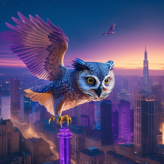 A stylized illustration of a futuristic, glowing owl in mid-flight, surrounded by swirling digital files and envelopes, with a subtle cityscape background at dusk.