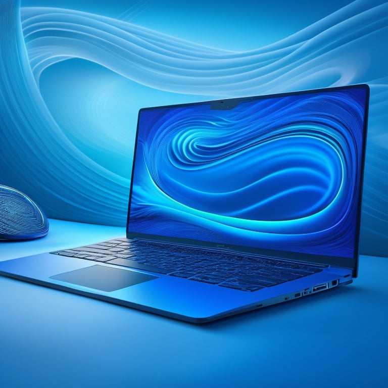A stylized illustration of a laptop with a sleek, modern design, surrounded by swirling lines and shapes in shades of blue, conveying speed, innovation, and limitless possibilities.