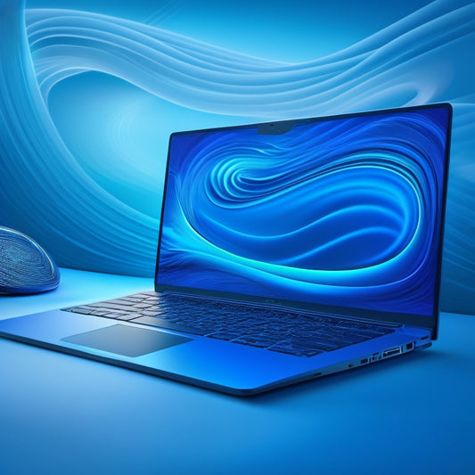 A stylized illustration of a laptop with a sleek, modern design, surrounded by swirling lines and shapes in shades of blue, conveying speed, innovation, and limitless possibilities.