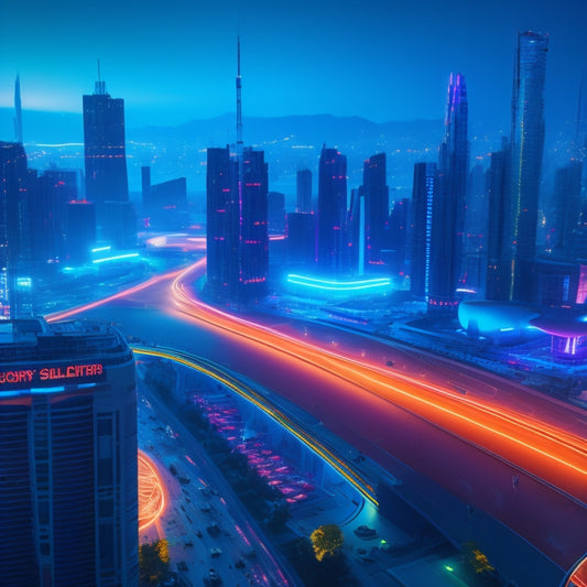 A futuristic, neon-lit cityscape at dusk with sleek skyscrapers, robots, and drones, surrounded by swirling patterns of 1s and 0s, representing the intersection of technology and innovation.