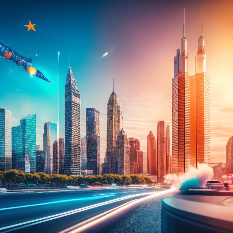 An illustration of a rocket ship blasting off from a shopping cart, surrounded by rising graphs and arrows, set against a cityscape with towering skyscrapers and bustling streets.