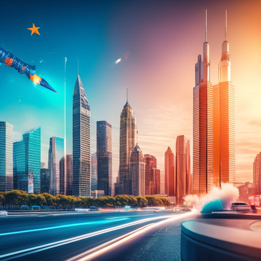 An illustration of a rocket ship blasting off from a shopping cart, surrounded by rising graphs and arrows, set against a cityscape with towering skyscrapers and bustling streets.