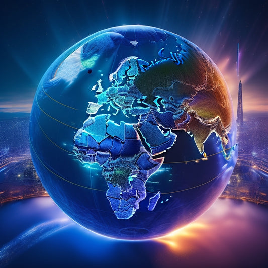 A stylized globe with glowing blue lines connecting major cities, surrounded by various e-commerce icons (e.g. shopping carts, packages, credit cards) orbiting around it in a circular motion.