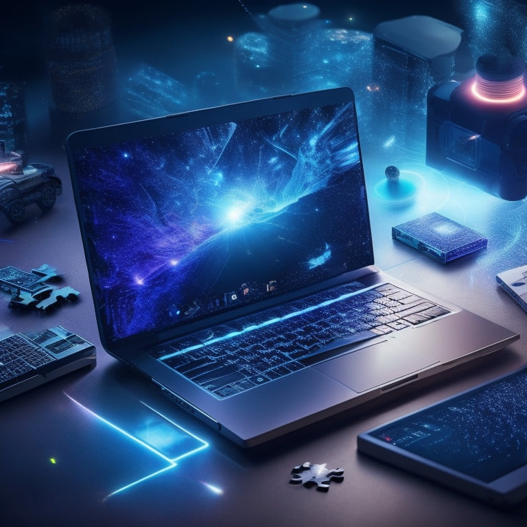 A futuristic, glowing laptop screen displaying a 3D puzzle coming together, with puzzle pieces transforming into icons of e-books, tablets, and smartphones, surrounded by sparks and orbiting circles.