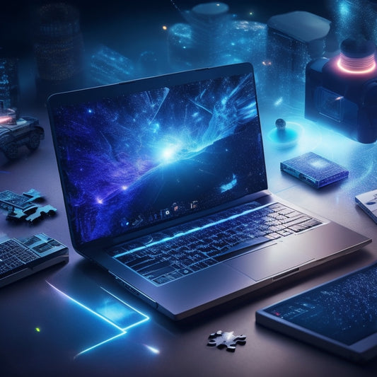 A futuristic, glowing laptop screen displaying a 3D puzzle coming together, with puzzle pieces transforming into icons of e-books, tablets, and smartphones, surrounded by sparks and orbiting circles.