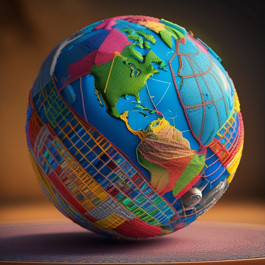 A stylized globe with connecting threads of different colors and patterns, weaving together to form a complex yet harmonious network, symbolizing cultural and commercial connections across borders.