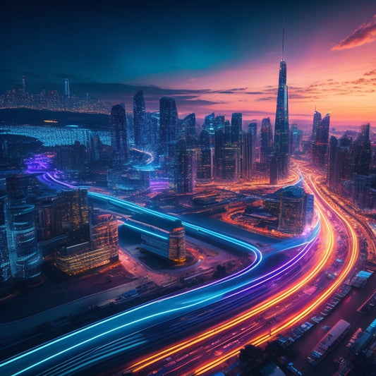 A futuristic, neon-lit cityscape at dusk with sleek skyscrapers and bustling streets, featuring a giant, glowing online shopping cart overflowing with products, surrounded by swirling lines and nodes representing digital connections.