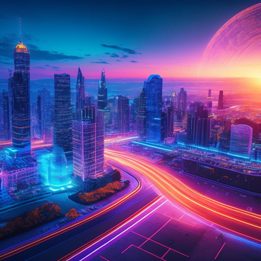 A futuristic cityscape at sunset with sleek skyscrapers, neon lights, and holographic projections, featuring a large, glowing shopping bag in the center, surrounded by swirling code and circuit patterns.