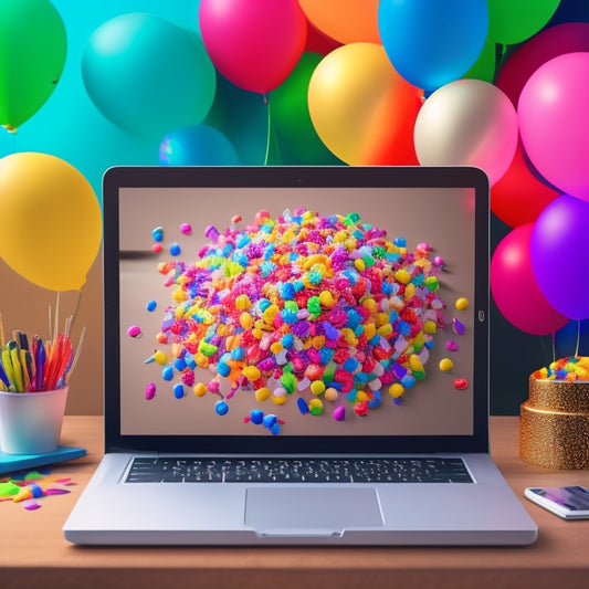 A stylized illustration of a laptop open to a virtual classroom, surrounded by upheld tablets and smartphones, with confetti and balloons in the background, symbolizing online learning success.