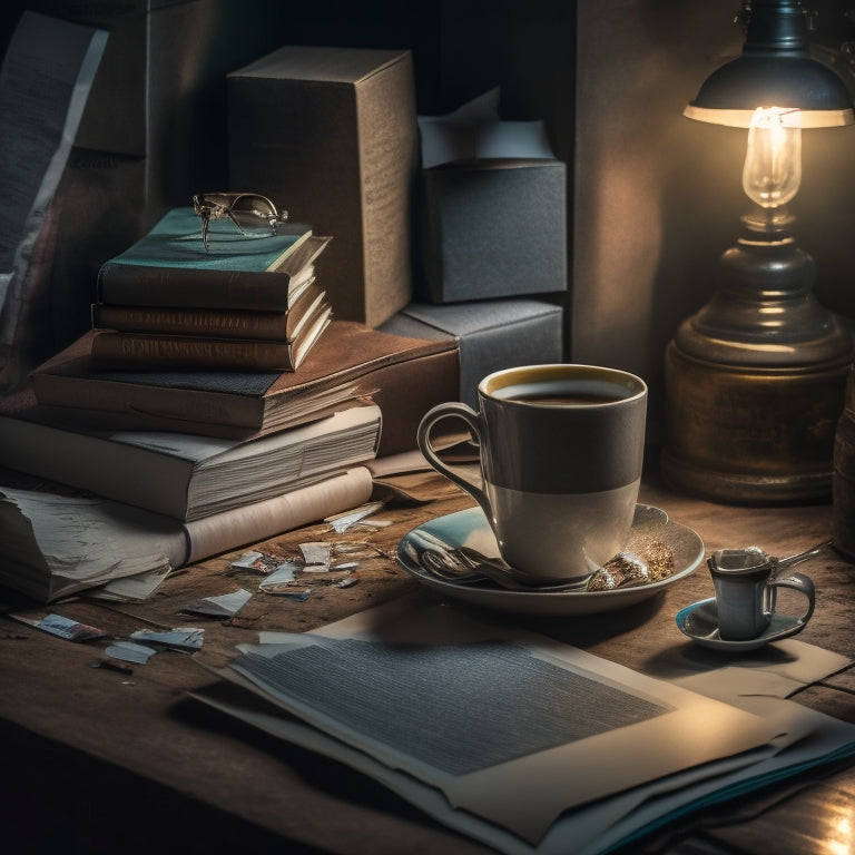 A dimly lit, mysterious background with a stack of retail magazines, some with torn or ripped covers, surrounded by scattered papers, coffee cups, and broken pencils, with a single, shining keyhole in the center.