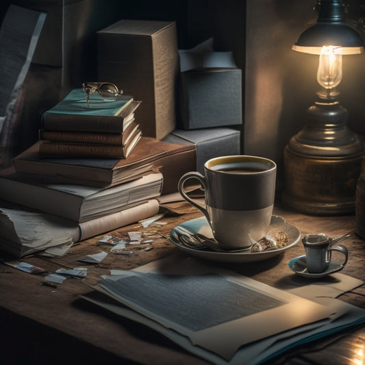 A dimly lit, mysterious background with a stack of retail magazines, some with torn or ripped covers, surrounded by scattered papers, coffee cups, and broken pencils, with a single, shining keyhole in the center.