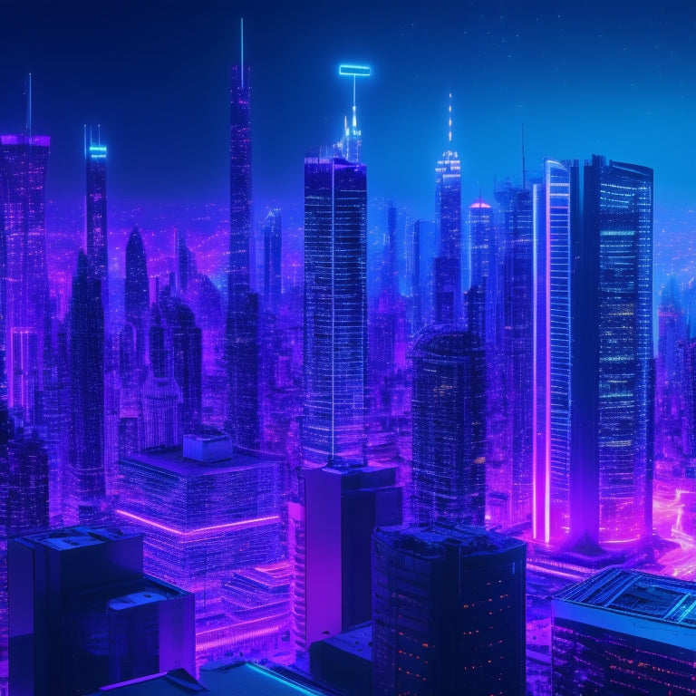 A futuristic cityscape with sleek skyscrapers, neon lights, and holographic screens displaying sales metrics, surrounded by orbiting digital devices and connections, set against a dark blue-purple gradient background.
