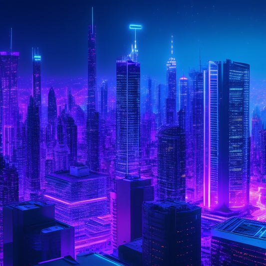 A futuristic cityscape with sleek skyscrapers, neon lights, and holographic screens displaying sales metrics, surrounded by orbiting digital devices and connections, set against a dark blue-purple gradient background.