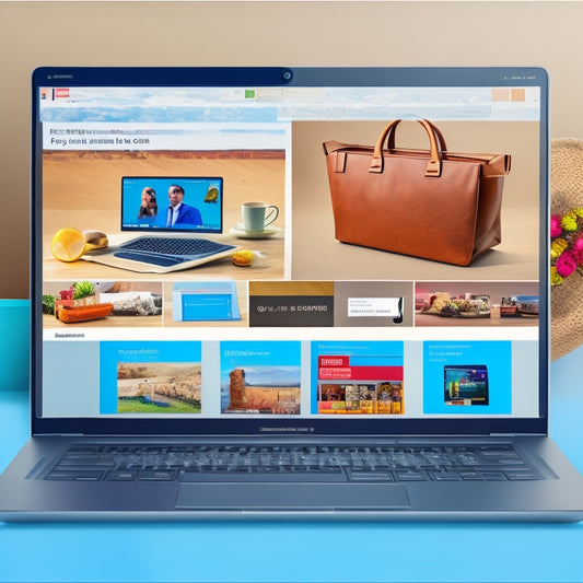 An illustration of a laptop with a split-screen display, one side showing a merchant's online store and the other side displaying a dashboard with various course modules, surrounded by icons of shopping carts, bags, and credit cards.