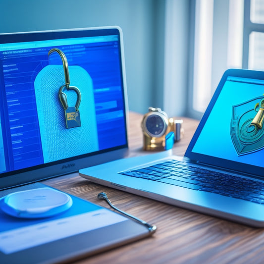 A golden key unlocking a padlock on a laptop screen displaying a Google AdWords dashboard, surrounded by rising graphs and ascending arrows, set against a gradient blue background.
