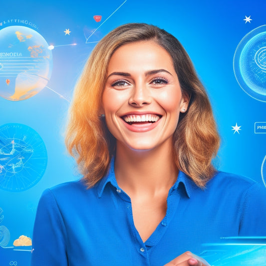 A stylized illustration of a smiling digital customer surrounded by orbiting icons of personalized offers, seamless transactions, and 24/7 support, set against a bright, gradient blue background.