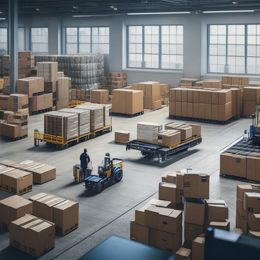 A minimalist illustration of a cluttered warehouse transforming into an organized space, with neatly stacked boxes, a conveyor belt, and a few fulfillment professionals efficiently working together in the background.