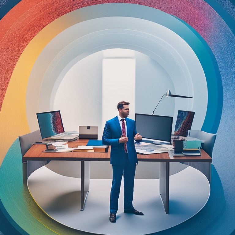An illustration of a businessman standing in front of a large, white, circular mind map with vibrant, swirling colors and connecting lines, surrounded by scattered papers and a laptop on a minimalist desk.