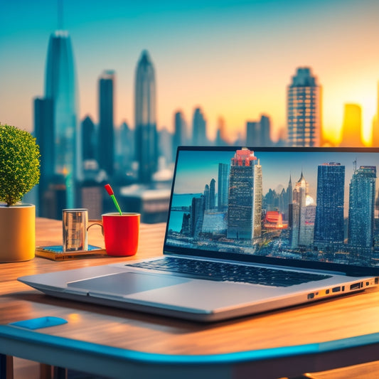 A stylized illustration of a laptop on a sleek, modern desk, surrounded by rising arrows and orbiting icons of ecommerce platforms, with a subtle cityscape background and a bright, uplifting color scheme.