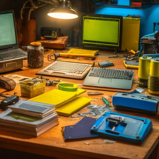 A cluttered workshop table with scattered tools, a laptop displaying a digital manual, and a half-disassembled machine in the background, surrounded by yellow highlighters and torn-out manual pages.