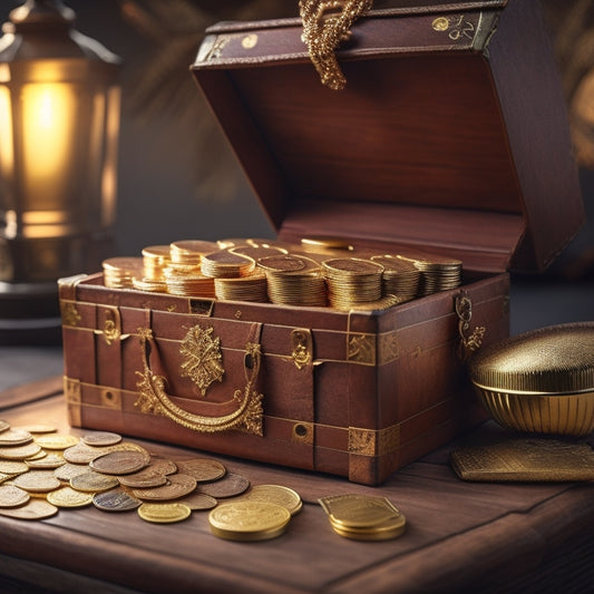 A treasure chest overflowing with gold coins, surrounded by Amazon boxes, shopping bags, and credit cards, with a subtle ecommerce graph rising in the background.